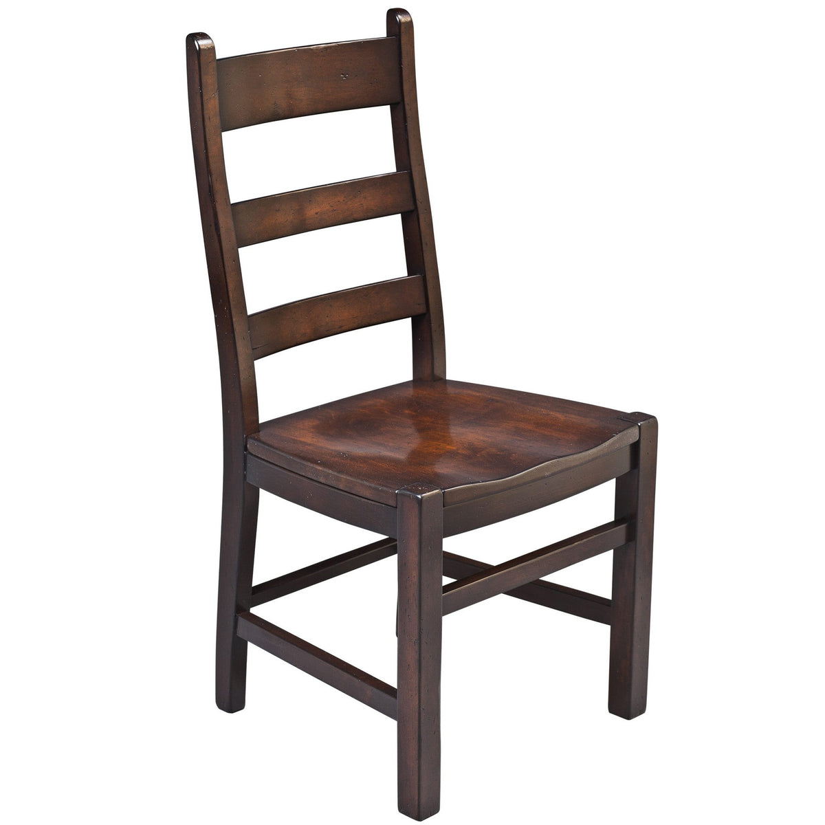 Nearly black ladder back dining chair with three slats and a glossy warm brown scooped wood seat
