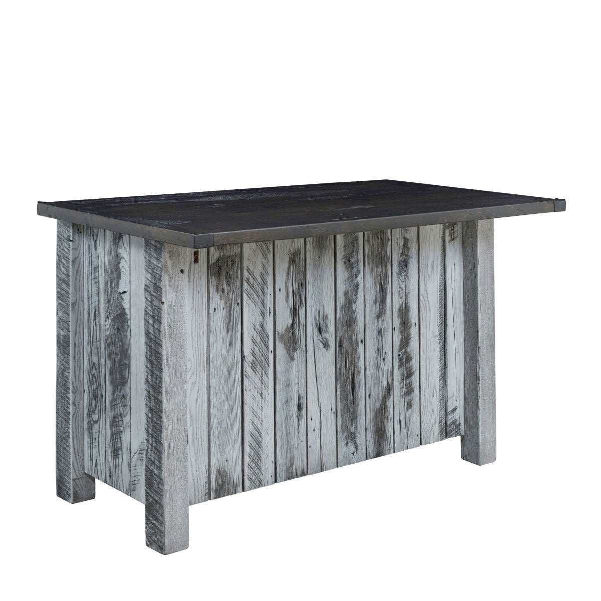 Back view of the gray reclaimed wood kitchen island showing vertical plank panels and thick corner posts