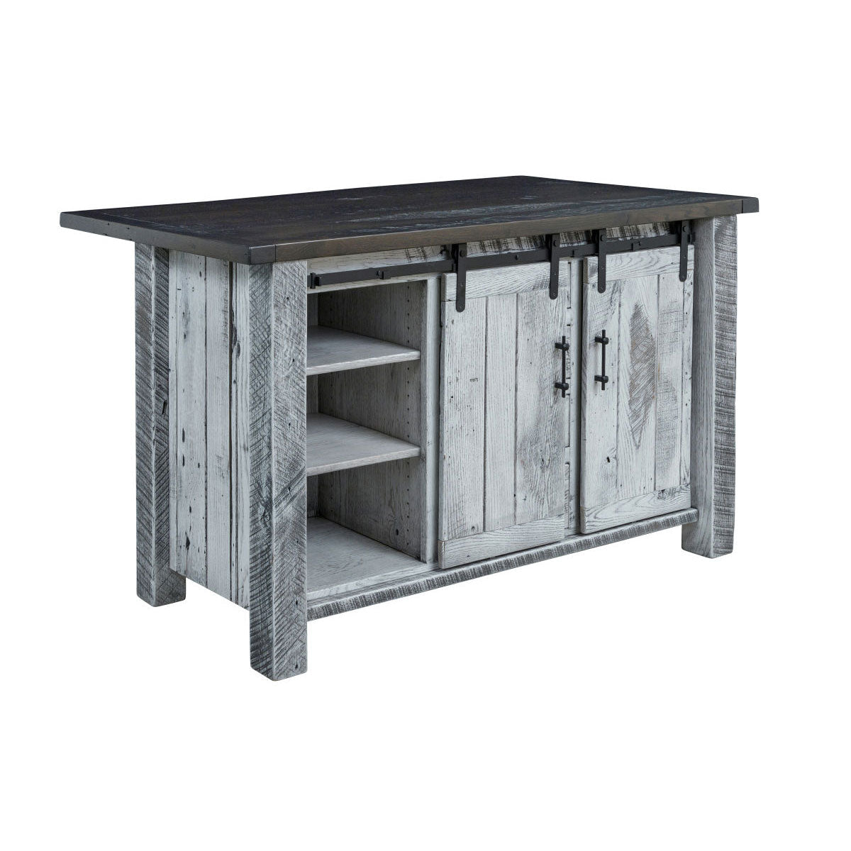 Gray reclaimed wood kitchen island with two sliding barn doors, three open end shelves and a dark plank top