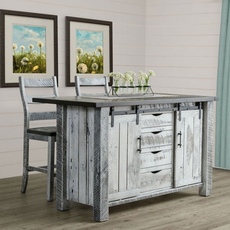 Gray and white reclaimed barnwood kitchen island with sliding barn doors, four drawers and two counter chairs