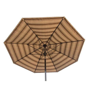 Underside view of a tan and brown striped 7 foot patio umbrella showing eight ribs and black center pole