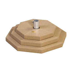 Stacked octagonal tan poly umbrella stand shown from above with brass label and metal pole sleeve
