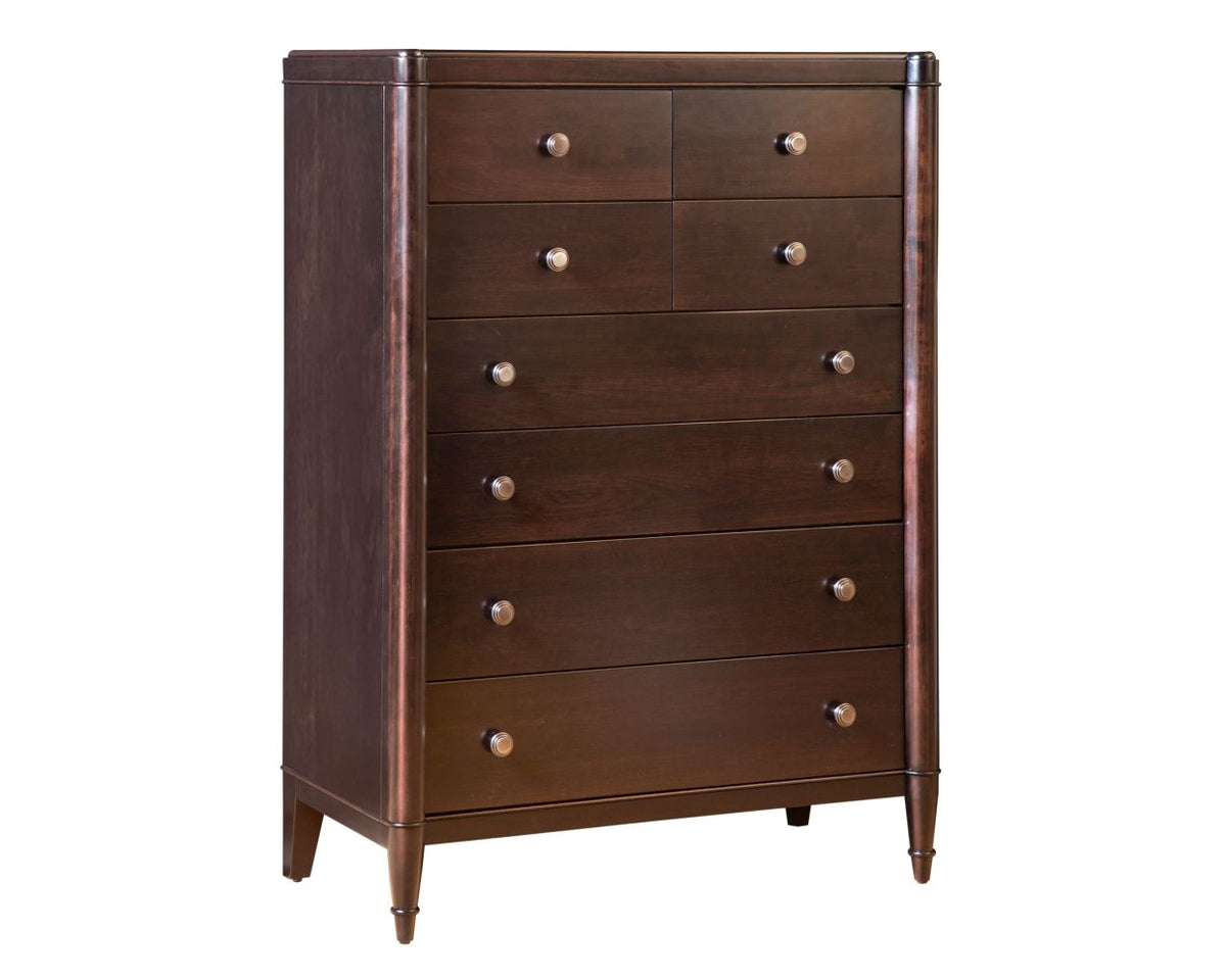 Tall espresso chest of drawers with graduated drawers, ringed knobs, rounded posts and turned feet