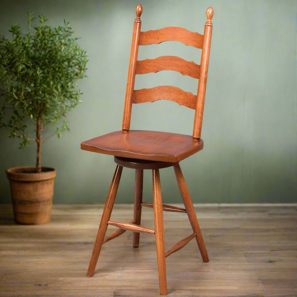 Oak ladder back swivel bar stool with wavy slats, acorn finials and a shaped seat on splayed legs
