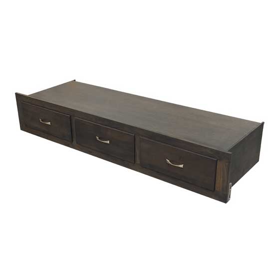 Storage bedrail unit with three drawers and metal pulls in a dark espresso stained solid wood