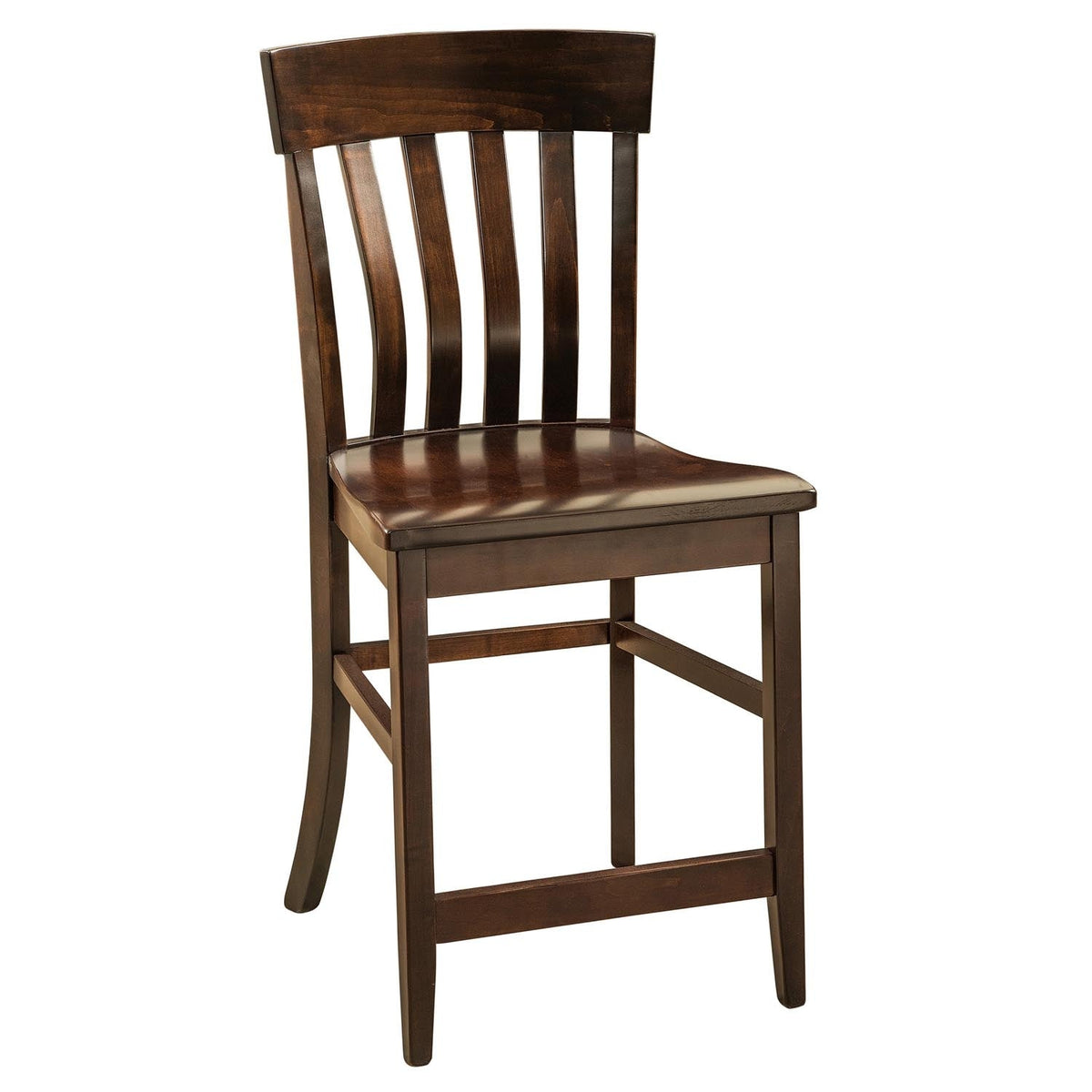 Dark brown counter stool with a curved crest rail, four shaped back slats, wood seat and stretcher footrests