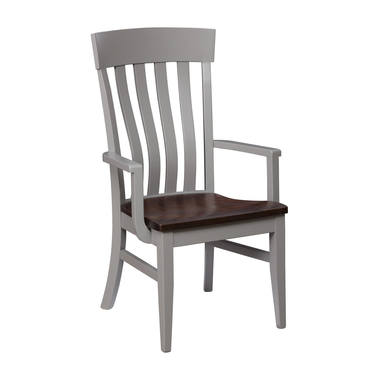 Gray painted dining arm chair with curved back slats, flat arms and a dark stained contoured wood seat