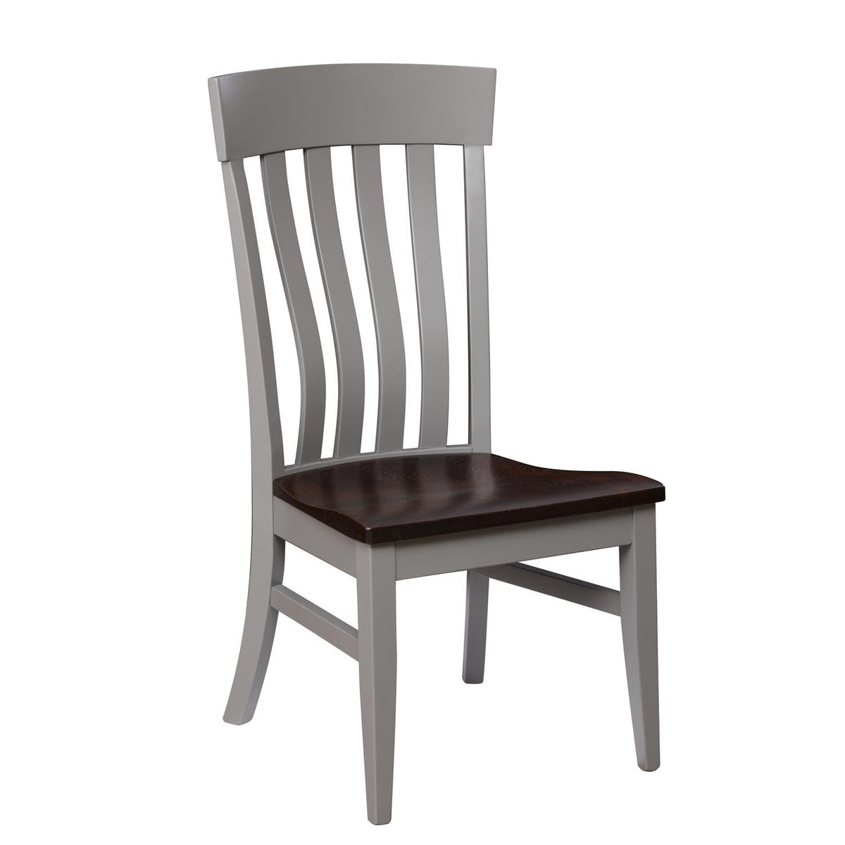 Gray painted lumbar side chair with five curved back slats, dark brown saddle seat and flared rear legs