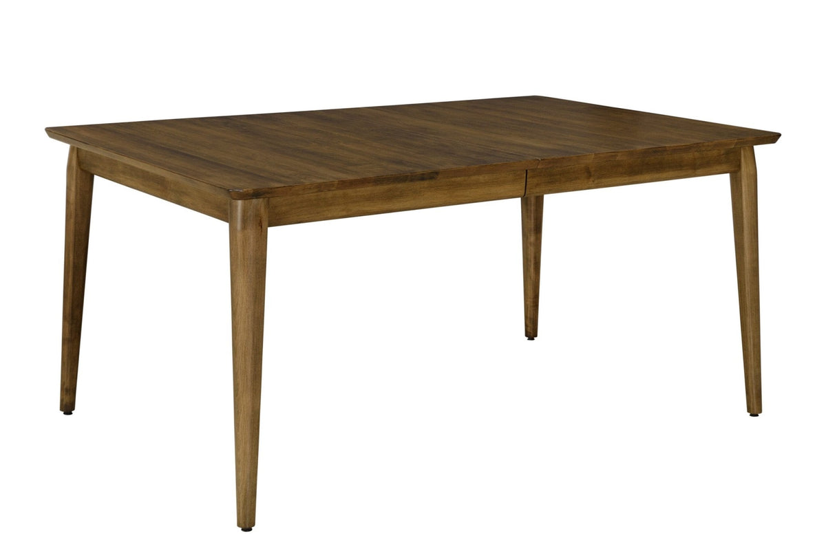 Expandable walnut leg table with a smooth plank top, center leaf seam and four tapered legs on white