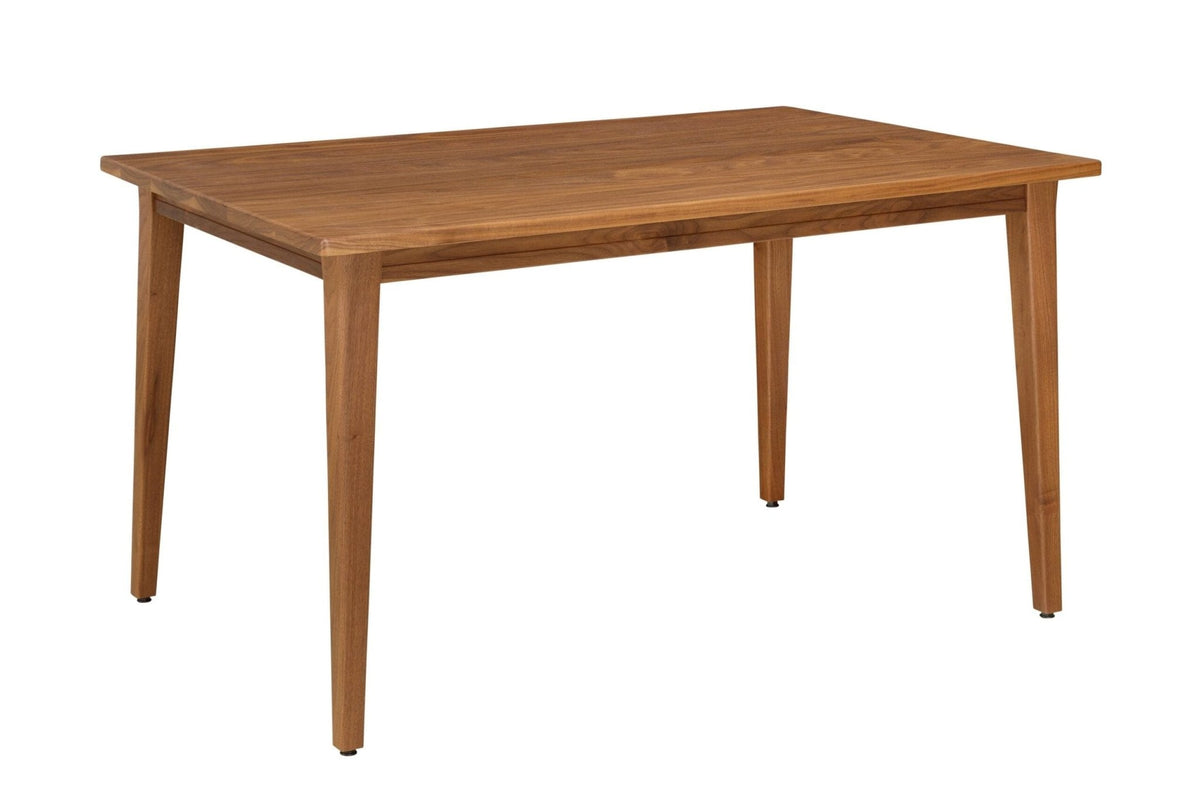 Rectangular walnut dining leg table with a plank top, slim apron and four angled tapered legs