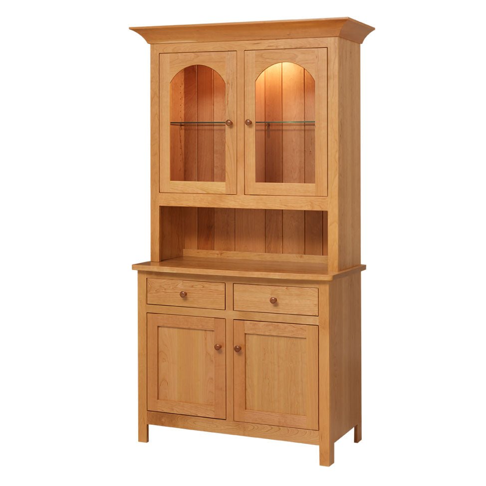 Cherry hutch with two lighted glass upper doors, beadboard back, two drawers and two paneled base doors