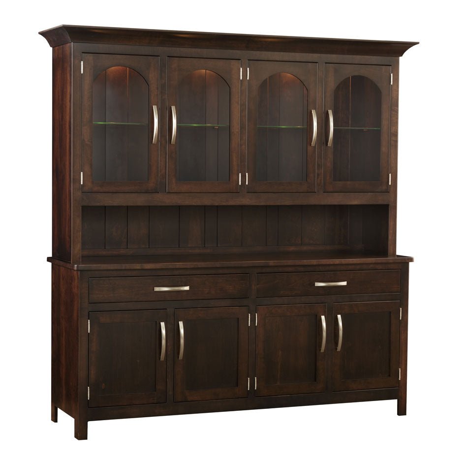 Dark espresso four-door china hutch with lighted arched glass doors, glass shelf, two drawers and panel doors