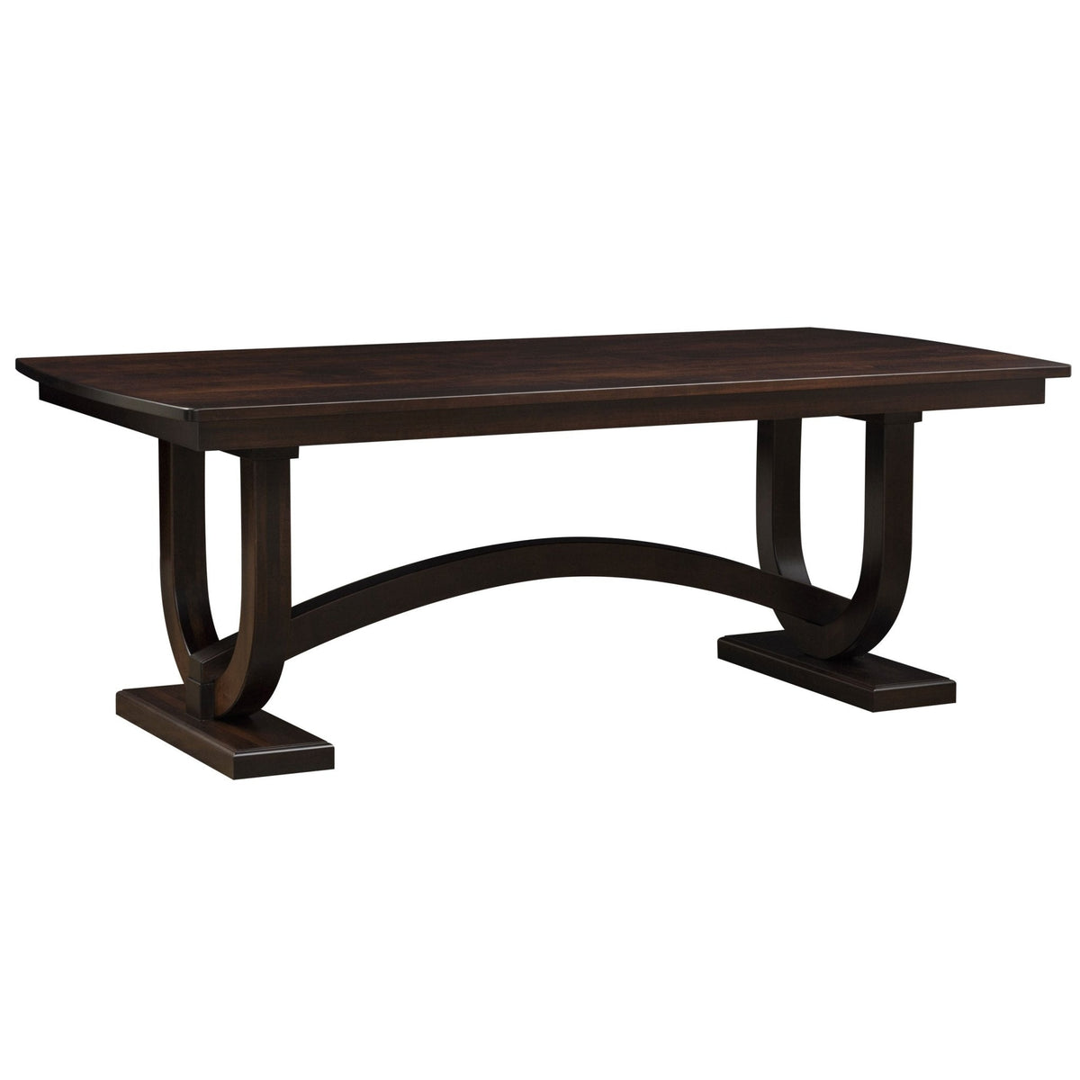 Solid wood trestle dining table in a dark brown finish with sweeping curved legs and flat plank feet on a white background