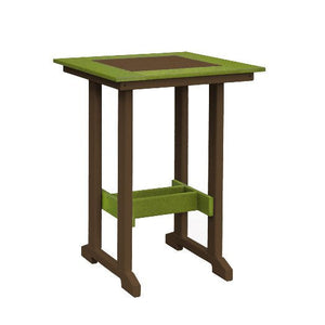 Lime green and brown square poly patio table with contrasting inset top and a green foot rail stretcher