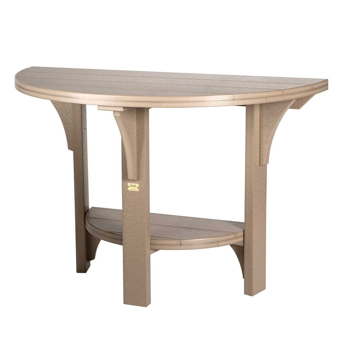 Weatherwood tan poly half round patio table with slatted top, square legs and half round lower shelf