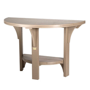 Weatherwood tan poly half round patio table with slatted top, square legs and half round lower shelf