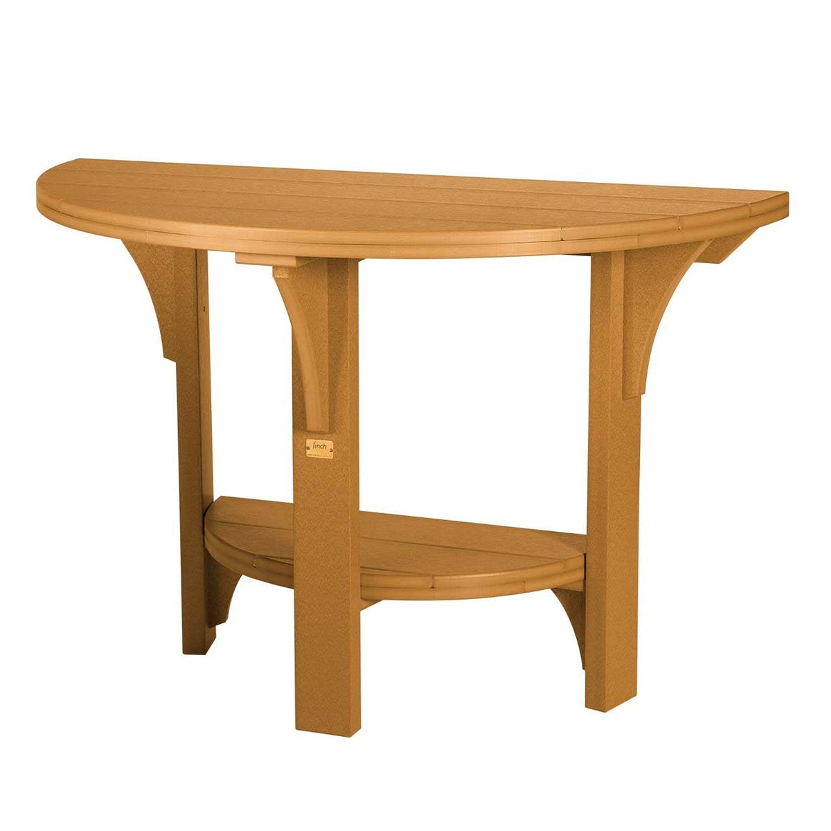 Cedar colored poly half round patio table with a plank top, curved brackets and bottom display shelf
