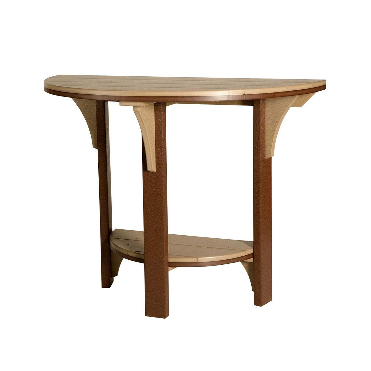 Two-tone cedar and brown poly half round patio table with contrasting brackets and lower shelf