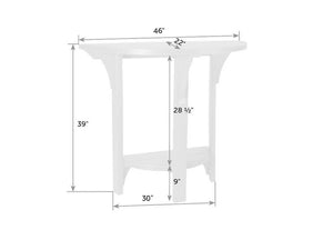 Dimension diagram of the 46 inch half round bar table: 39 inch height, 22 inch depth, 28.5 inch clearance