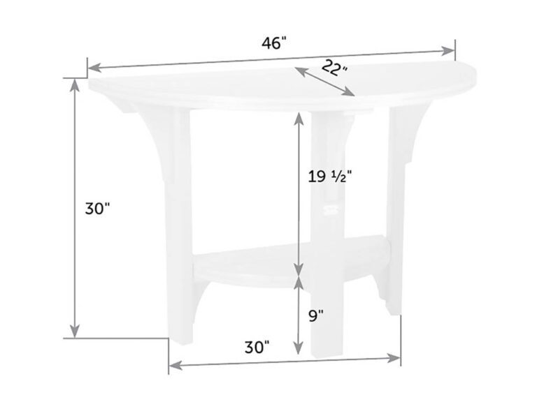 Dimension diagram of the 46 inch half round dining table: 30 inch height, 22 inch depth, 9 inch shelf height