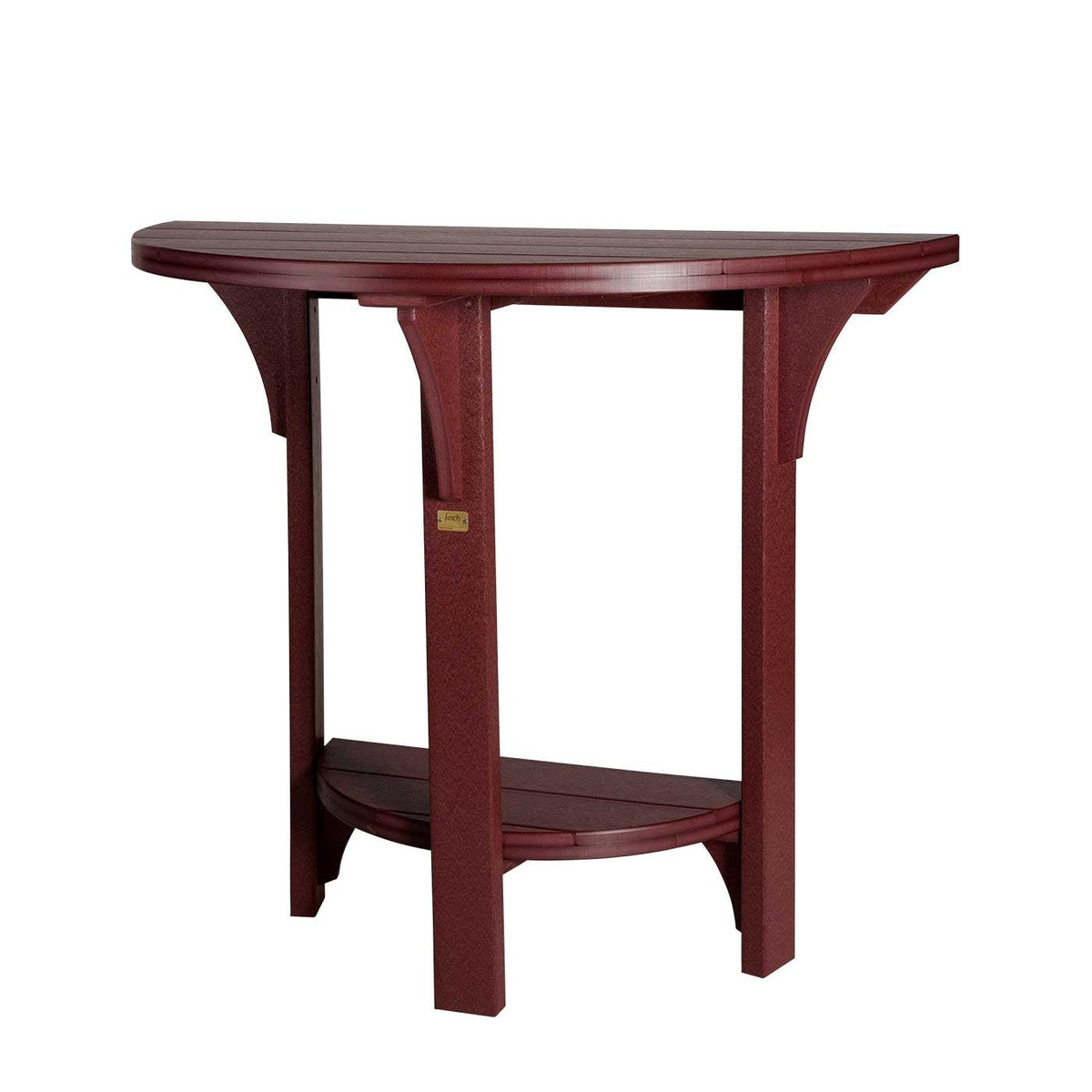 Cherrywood red poly half round patio table with square legs, brass label and half moon bottom shelf
