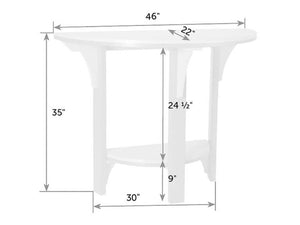 Dimension diagram of the 46 inch half round counter table: 35 inch tall, 24.5 inch clearance, 30 inch leg span