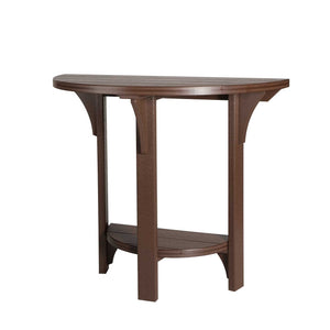 Chestnut brown poly half round patio table with corbel brackets and a curved lower shelf