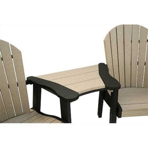 Black and weatherwood poly table attachment clipped between the arms of two Adirondack chairs