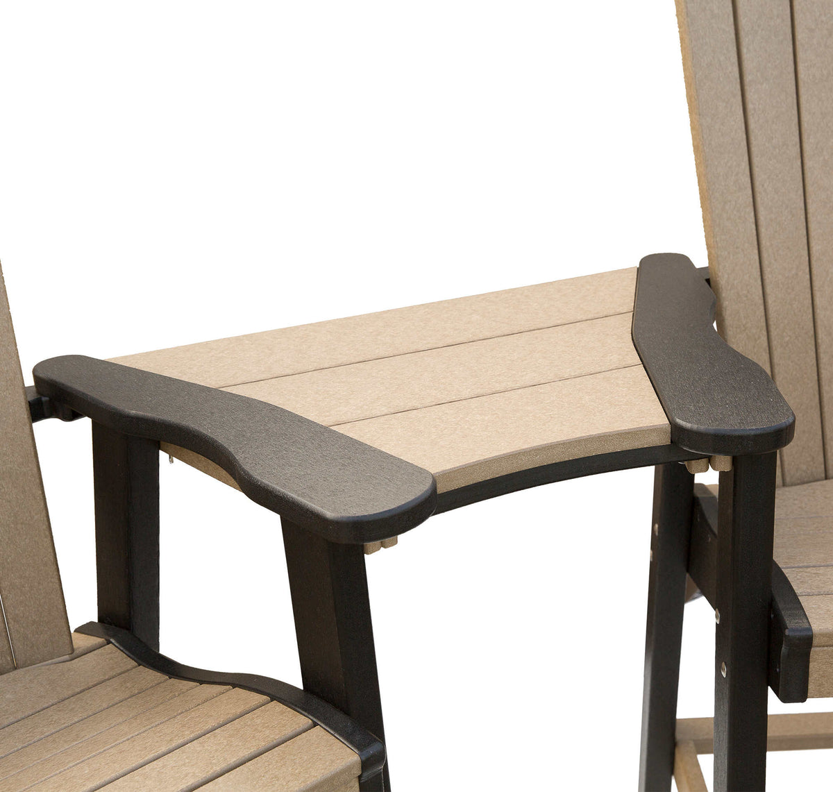 Weatherwood poly side table attachment mounted between the arms of two tall Adirondack chairs