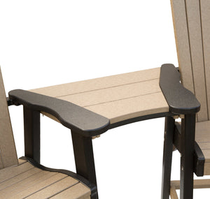 Weatherwood poly side table attachment mounted between the arms of two tall Adirondack chairs