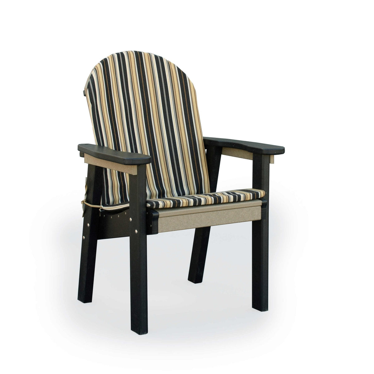 Adirondack style poly dining chair in black with a tan striped seat and back cushion