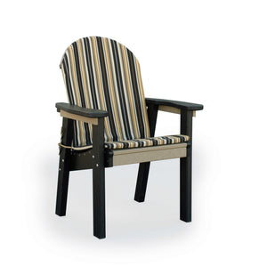 Adirondack style poly dining chair in black with a tan striped seat and back cushion