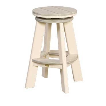 Ivory and weathered gray poly swivel bar stool with round plank seat and low footrest