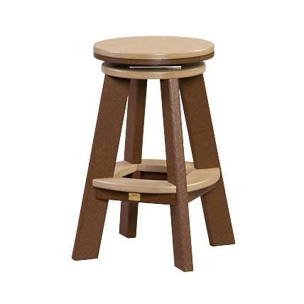 Cedar seat and brown base poly swivel counter stool photographed on a white background