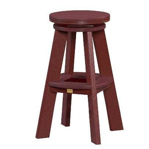 Cherry red poly counter height swivel stool with round seat and open triangular footrest