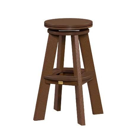 Pair of cedar and black poly swivel counter stools tucked under an outdoor bar against a brick wall
