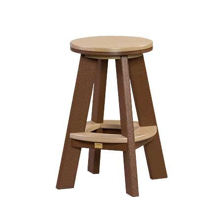 Cedar and brown poly backless bar stool with a round plank seat and curved footrest