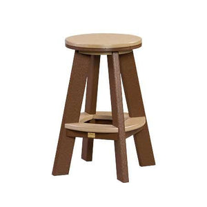 Cedar and brown poly backless bar stool with a round plank seat and curved footrest