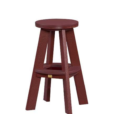 Cherry red poly backless bar stool with round seat, angled legs and a triangular foot ring