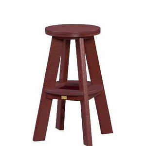 Cherry red poly backless bar stool with round seat, angled legs and a triangular foot ring