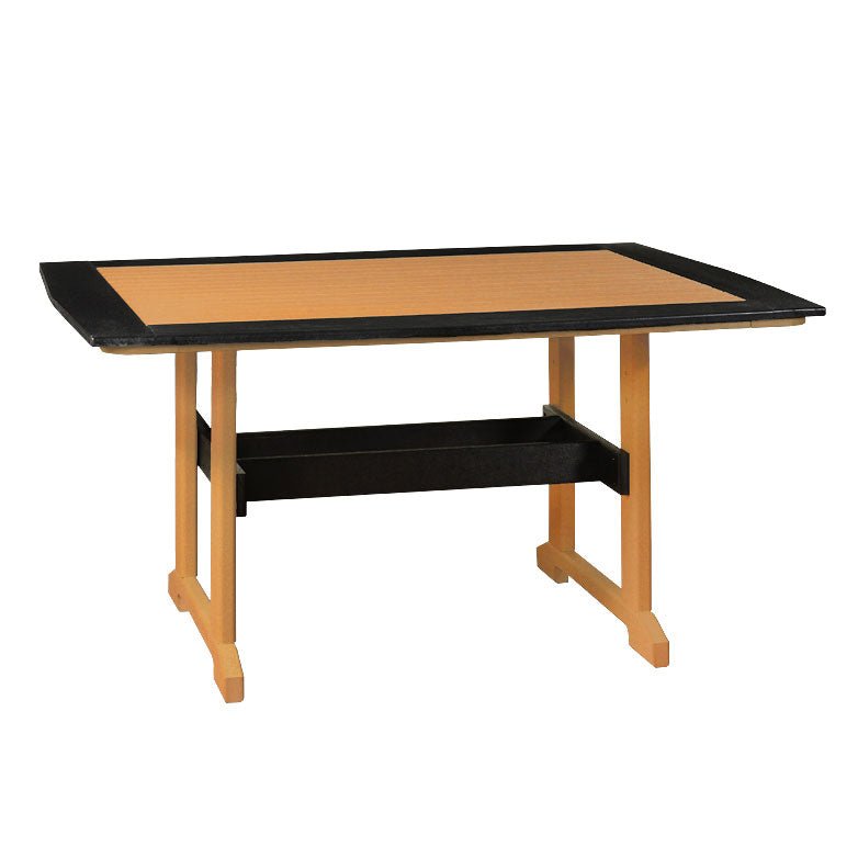 Cedar and black rectangular poly dining table with a contrasting border top and light trestle legs