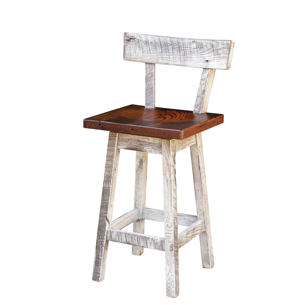 Square swivel bar stool with a stained seat, whitewashed plank back rest and rough sawn legs with footrest
