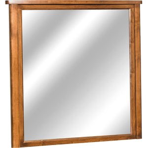 Rectangular dresser mirror with a simple wide maple frame and beveled edge on a white background