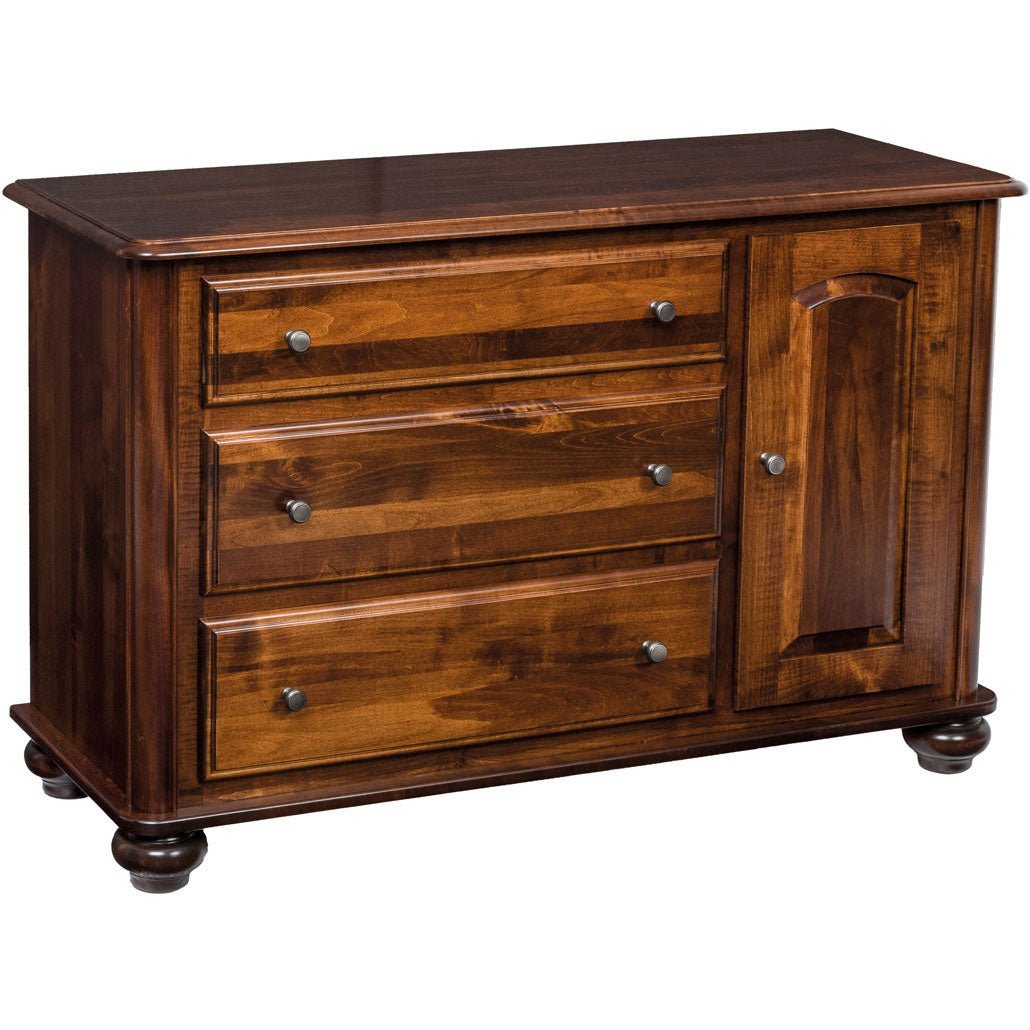 Brown maple cupboard with three drawers beside an arched panel door, nickel knobs and turned bun feet