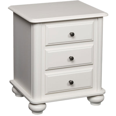 Three drawer nightstand painted white with molded drawer fronts, bronze knobs and rounded bun feet