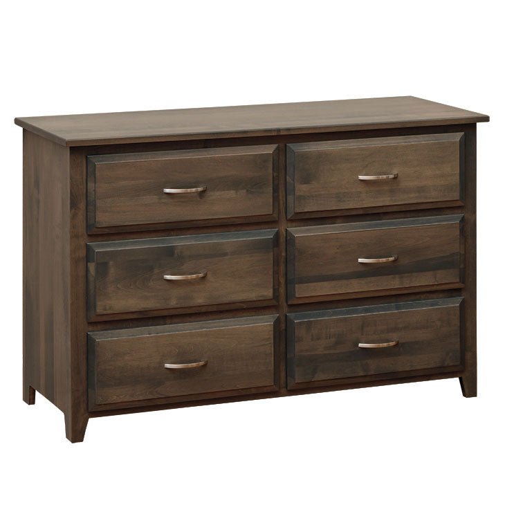 Gray six-drawer dresser with matching framed mirror and two-drawer nightstand styled in a child's bedroom with toys on top