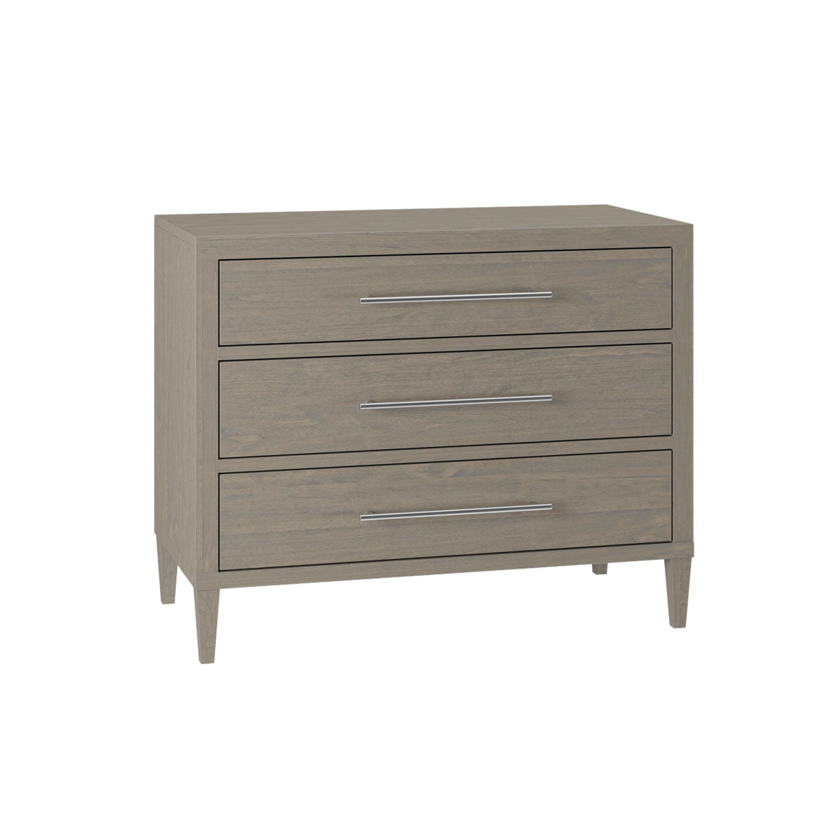 Three drawer baby changer in a driftwood gray finish with long chrome bar pulls and tapered legs