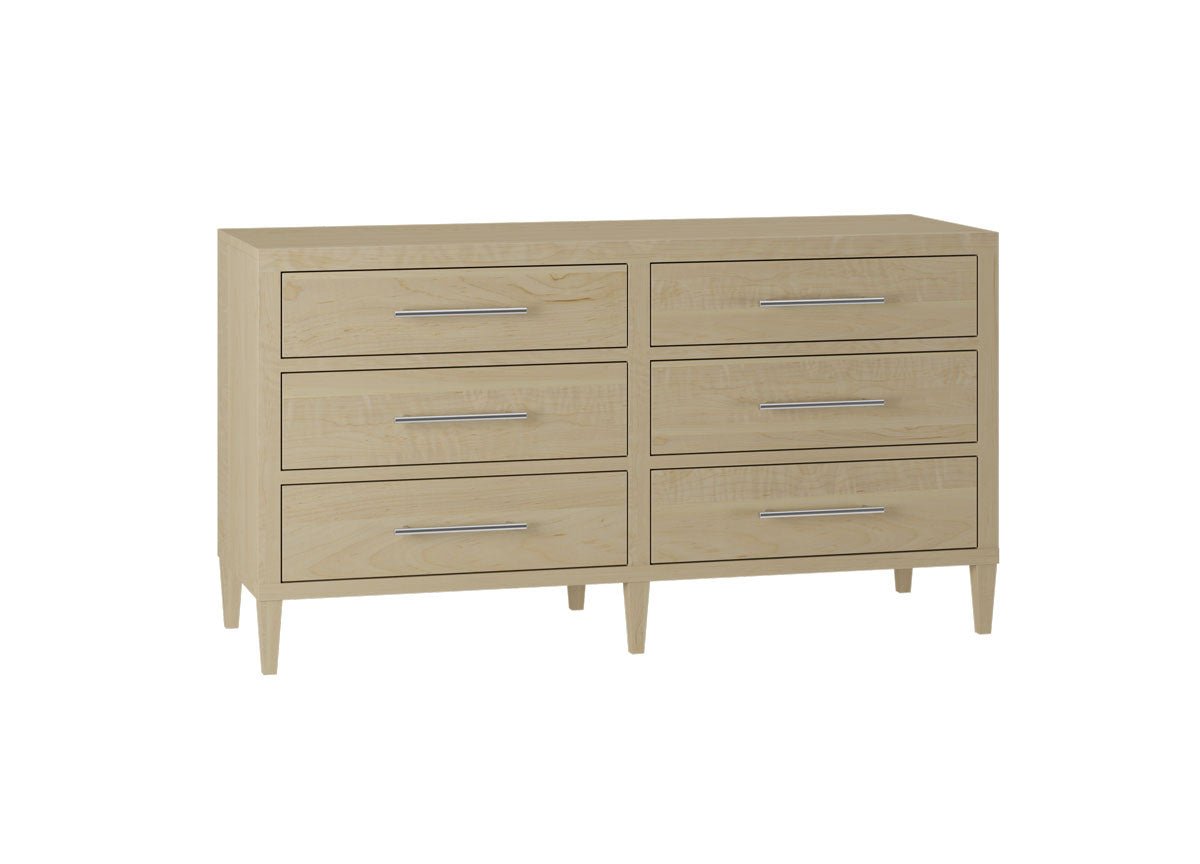 Blonde maple six drawer dresser with two columns of drawers, chrome bar pulls and tapered legs