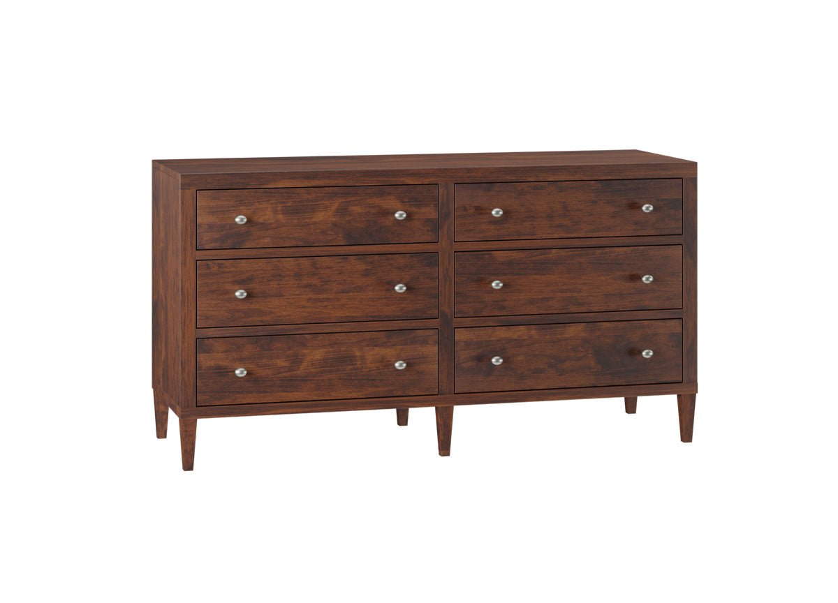 Walnut brown six drawer dresser with round nickel knobs, two drawer columns and tapered legs