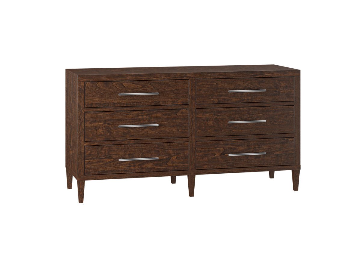 Dark brown six drawer kids dresser with long chrome bar handles and slim tapered legs